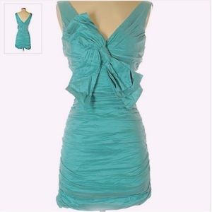 Vintage Blue surf poly woven ruched mini dress with bow